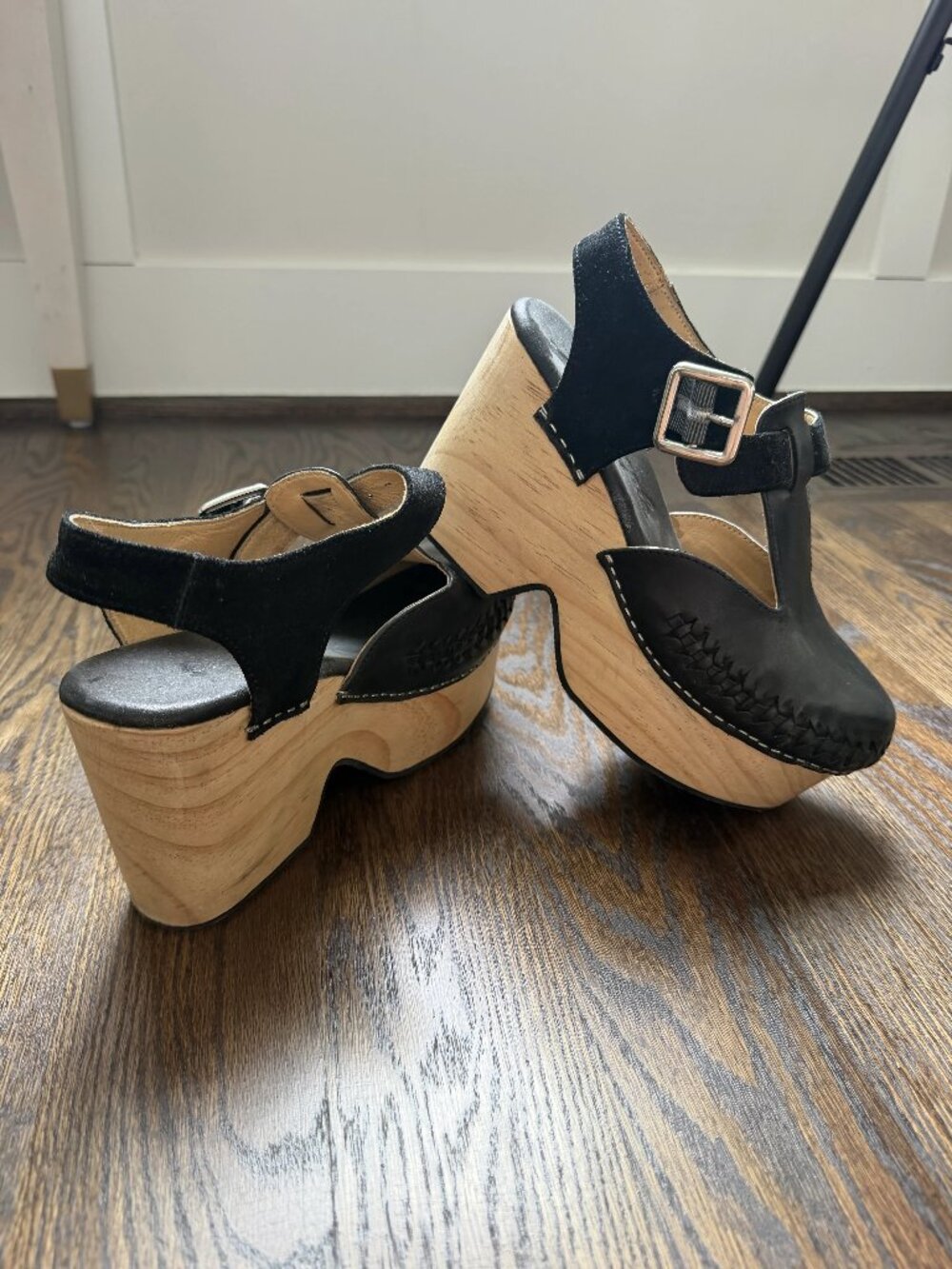 Free People Emmer Black Leather Wooden Platform Clogs